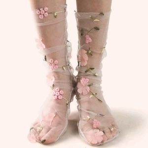 Embroidery 3D Flowers Mesh Socks